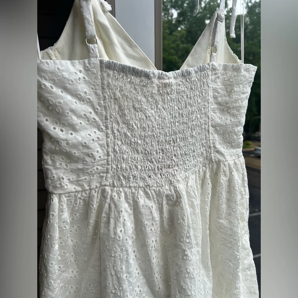🆕SELF E Embroidered White Eyelet Tie-Strap Mini Dress Size L Cotton Summer - Picture 10 of 15